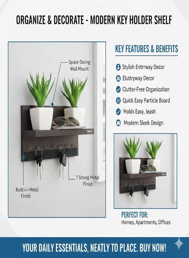 Captiver Engineered Wood Wall Mounted Key Holders with Decorative Display Shelf (7 Hooks, Wenge) Keys Chains Rings Mobile Keychain Office School Kitchen Organizer - Image 2